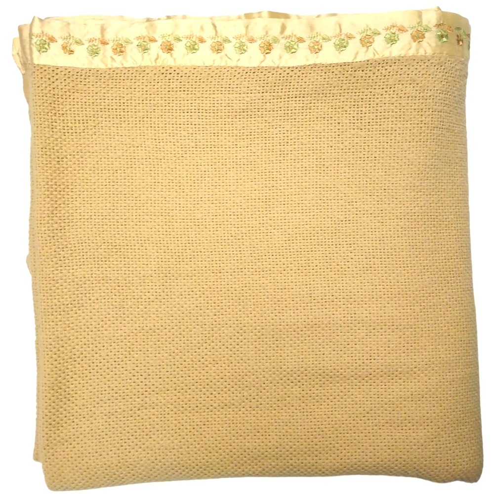 Vtg Thermal Blanket Embroidered Satin Edge Golden Yellow Double 80x85